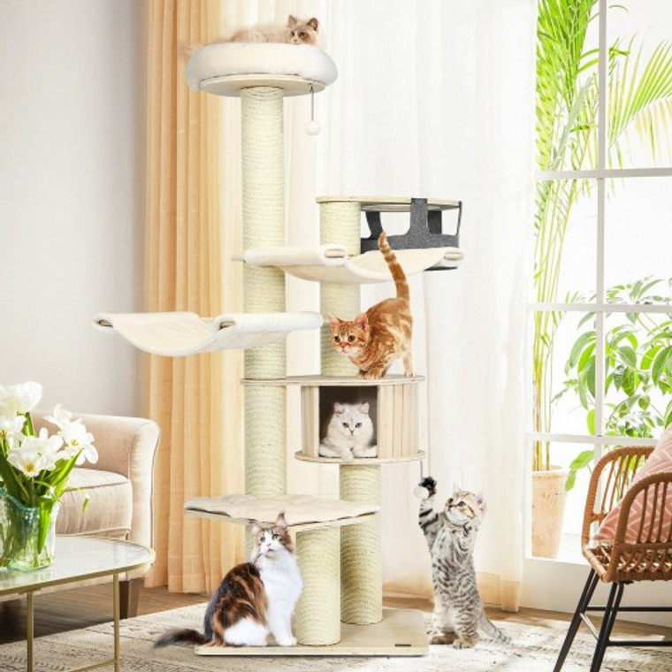 77.5-Inch Cat Tree Condo Multi-Level Kitten Activity Tower With Sisal Posts-Cream White PS7476NA
