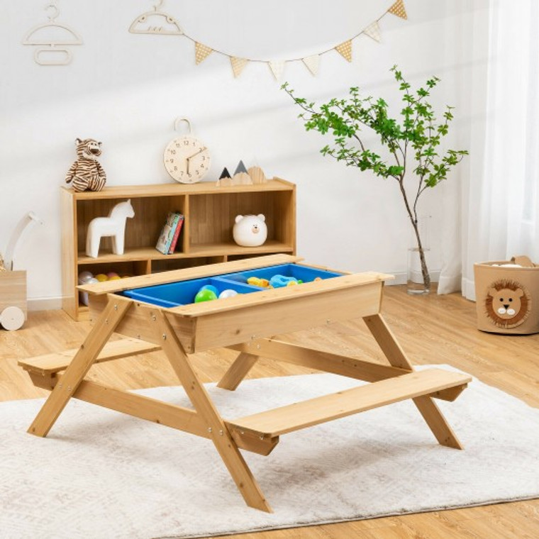 3-In-1 Kids Picnic Table Wooden Outdoor Water Sand Table With Play Boxes HY10016