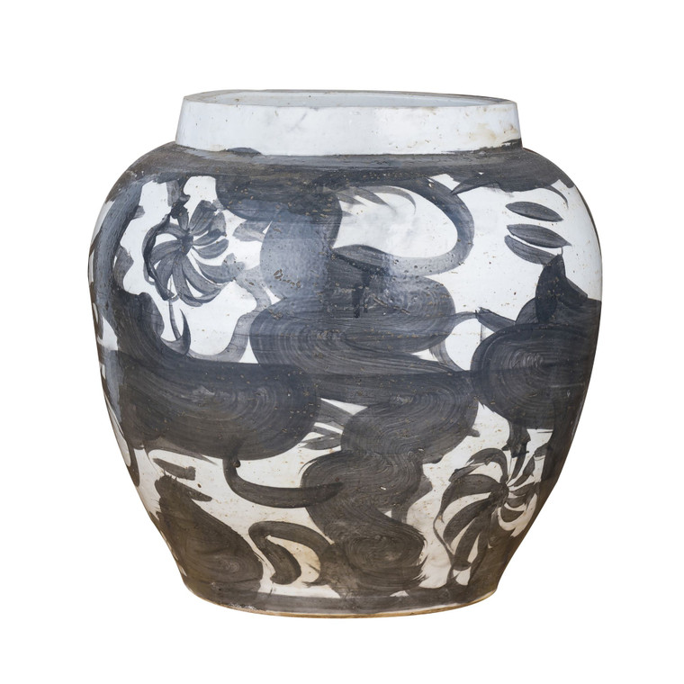 Black Porcelain Twisted Flower Wide Open Top Jar 1540B By Legend Of Asia