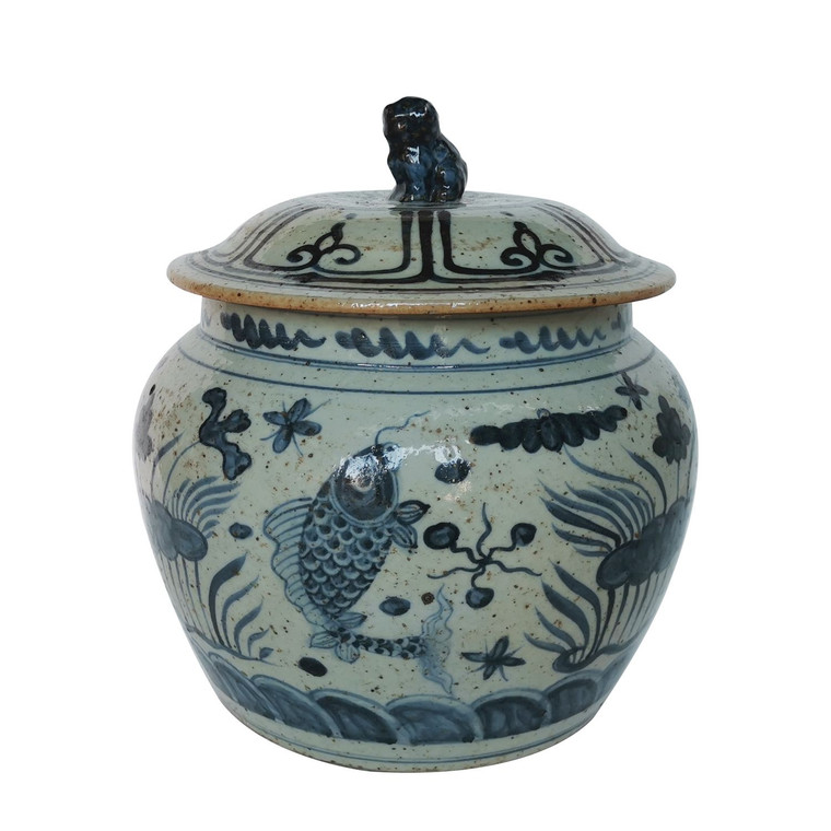 Blue And White Ancestor Fish Lotus Rice Jar 1593C By Legend Of Asia