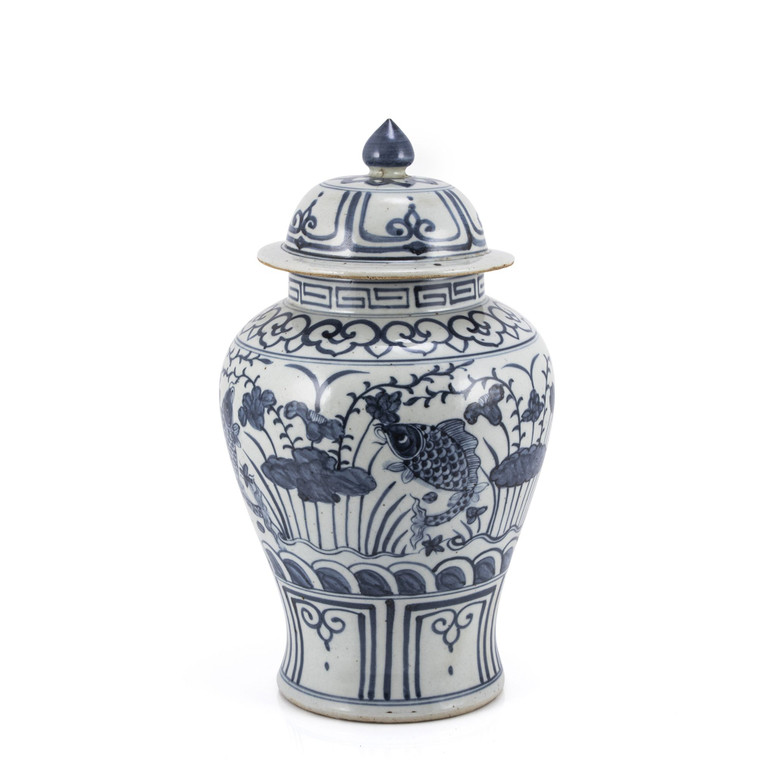 Blue And White Small Porcelain Temple Jar Fish Lotus Motif 1599H By Legend Of Asia