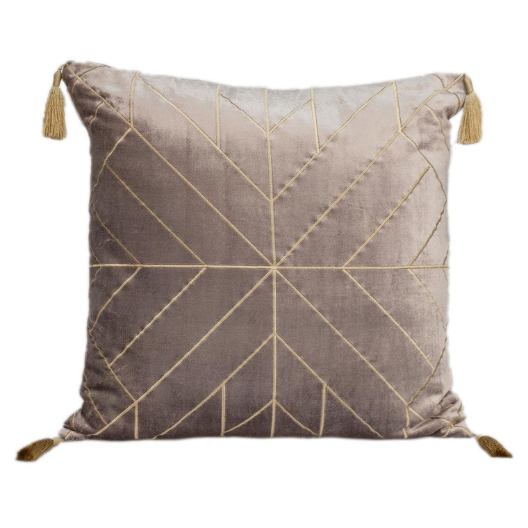 Homeroots Taupe And Gold Geo Velvet Throw Pillow With Gold Tassels 402679