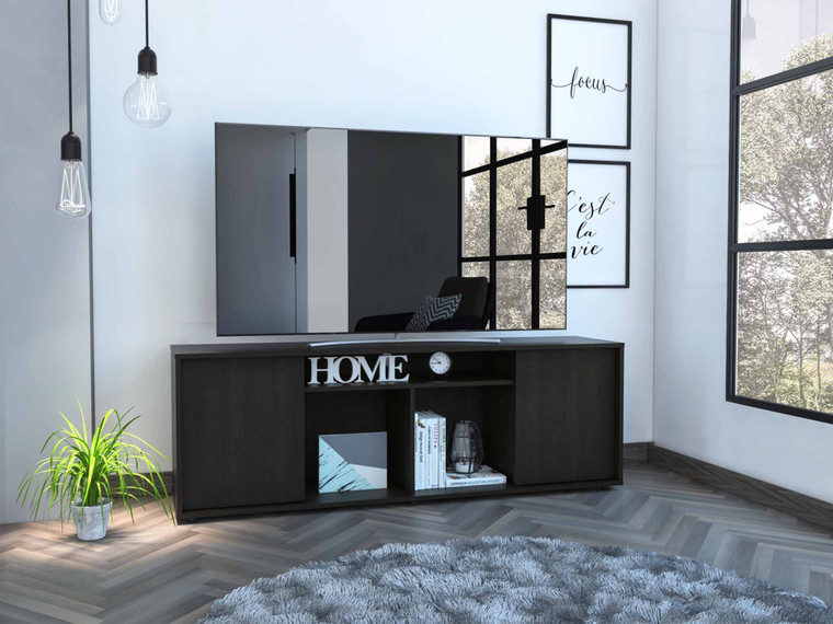 Homeroots Black Tv Stand Media Center With Two Cabinets 403731
