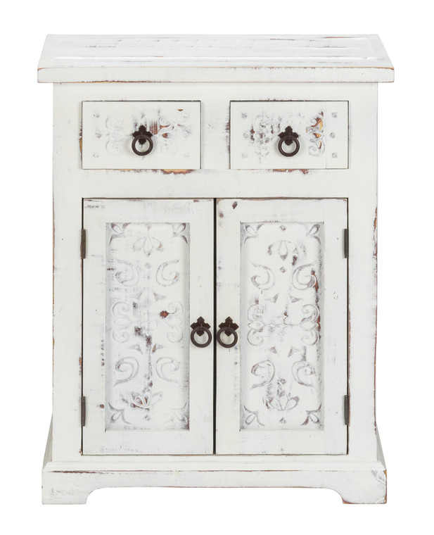 Homeroots Distressed White Wooden Carved 2 Door And 2 Drawer Cabinet 469153