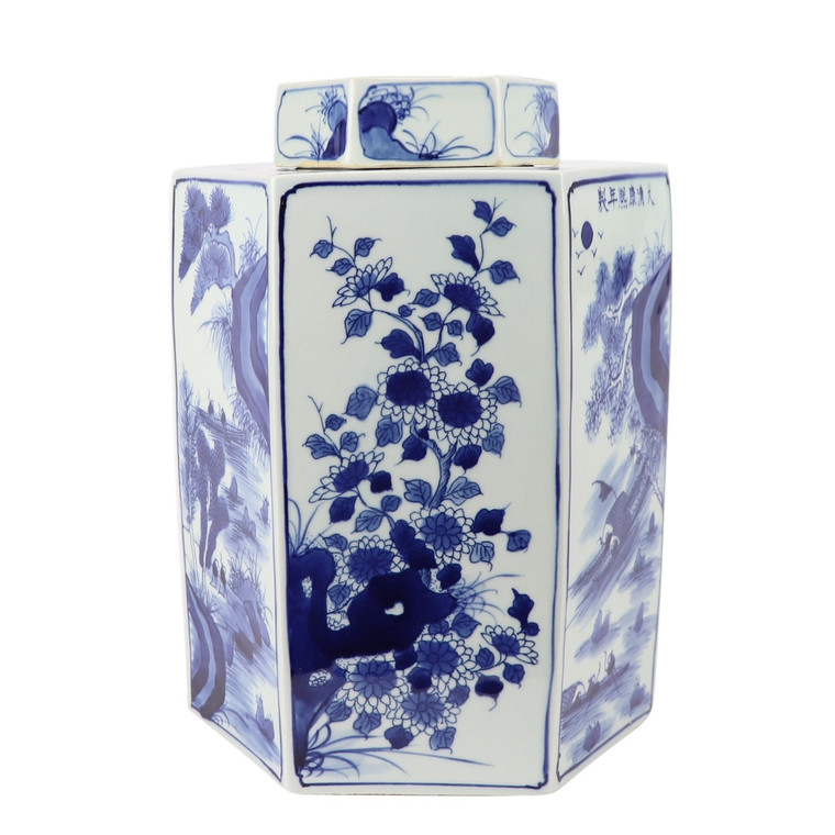 Blue And White Hex Village Flower Jar 1303C By Legend Of Asia