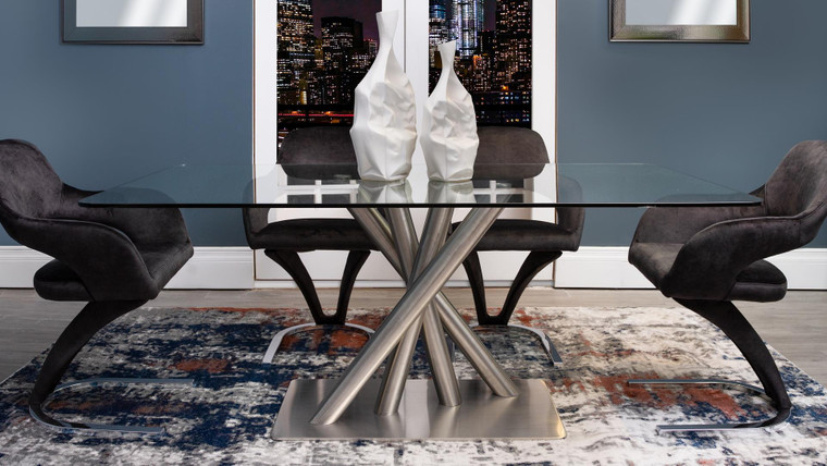 5-Piece Glass/Brushed Stainless Steel Dining Set D9032DT+D7012DC By Global Furniture