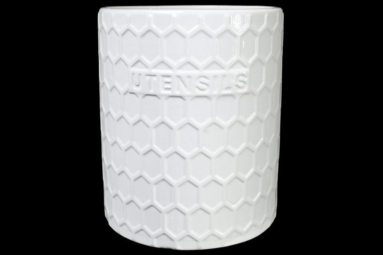 Urban Trends Ceramic Round Utensil Jar With Embossed Utensils Writing And Hexagon Pattern Design Body Gloss Finish White (Pack Of 4) 10903