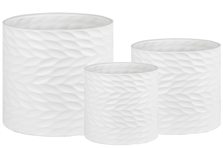 Urban Trends Ceramic Round Pot With Pressed Abstract Design Body Set Of Three Matte Finish White 10985
