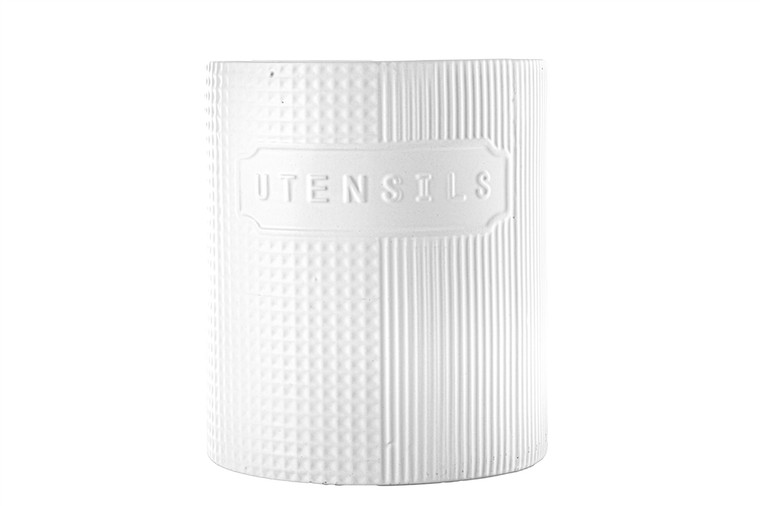 Urban Trends Ceramic Round Utensil Jar With Multimodal Patterns Design Body Matte Finish White (Pack Of 4) 11047