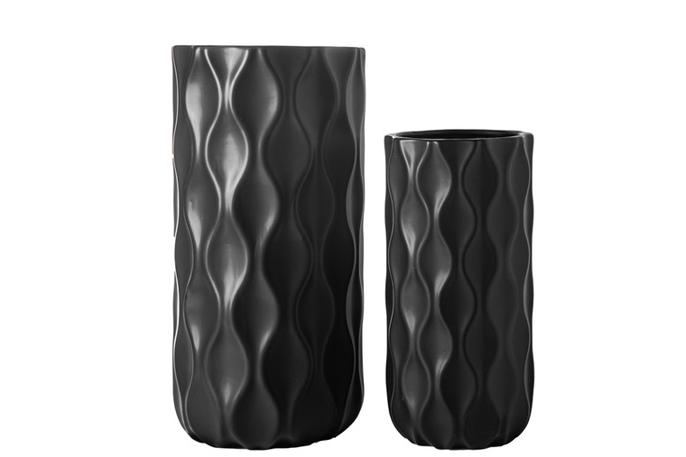 Urban Trends Ceramic Round Vase With Pressed Imperial Pattern Design Body Set Of Two Matte Finish Black 11073