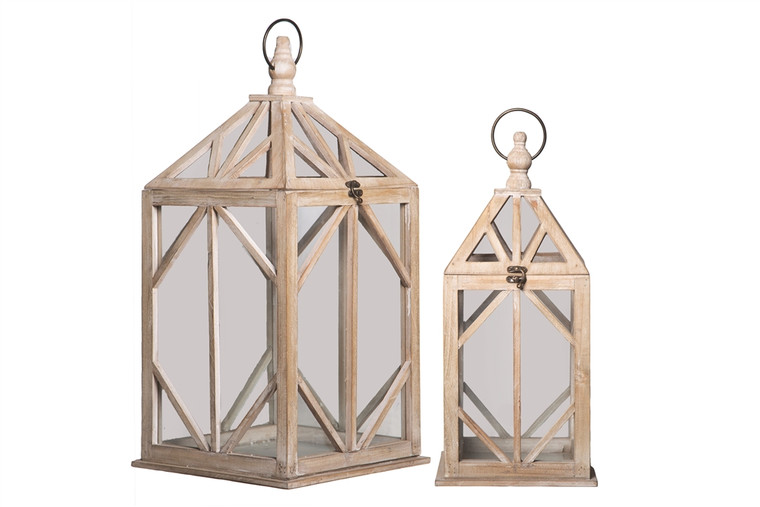 Urban Trends Wood Square Lantern With Ring Hanger And Diamond Design Body Set Of Two Natural Wood Finish Light Brown 11330
