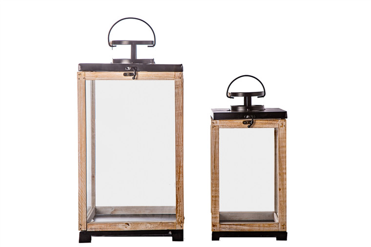 Urban Trends Wood Square Lantern With Ring Handle, Dark Steel Fliptop And Bottom Design Set Of Two Natural Finish Brown 11332