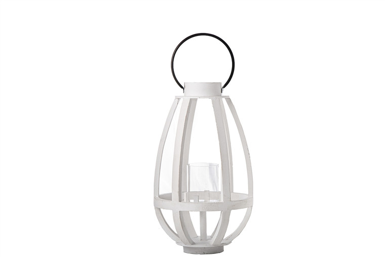 Urban Trends Wood Round Bellied Lantern With Metal Top Ring Handle, Candle Glass Holder And Window Pane Design Painted Finish White (Pack Of 2) 12107