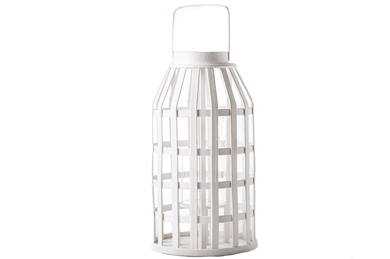 Urban Trends Wood Round Lantern With Metal Top Ring Handle, Candle Glass Holder And Lattice Design Painted Finish White (Pack Of 2) 12111