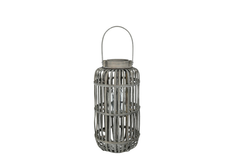 Urban Trends Wood Tall Round Lantern With Top Handle Lattice Design Body, Candle Glass Holder And Tapered Bottom Md Weathered Finish Gray (Pack Of 2) 16527