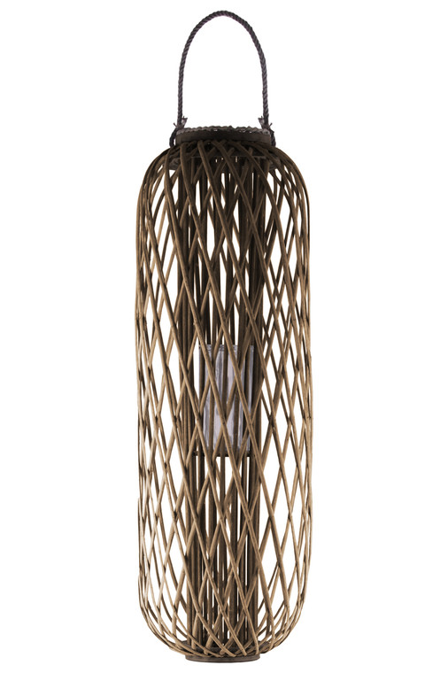 Urban Trends Bamboo Round 47.25" Lantern With Braided Rope Lip And Handle, Lattice Design Body And Hurricane Candle Holder Natural Finish Brown 16549