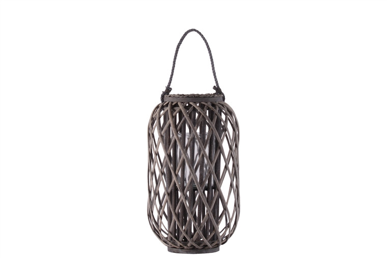 Urban Trends Bamboo Round 19.50" Lantern With Braided Rope Lip And Handle, Lattice Design Body And Hurricane Candle Holder Weathered Finish Wash Gray (Pack Of 4) 16582