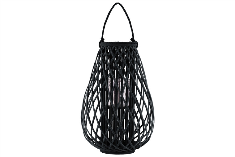 Urban Trends Bamboo Round Bellied Lantern With Braided Rope Lip And Handle, Hurricane Candle Holder And Lattice Design Body Xl Coated Finish Black (Pack Of 2) 16584