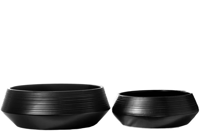 Urban Trends Ceramic Round Pot With Brushed Design Body And Tapered Bottom Set Of Two Matte Finish Black 18510