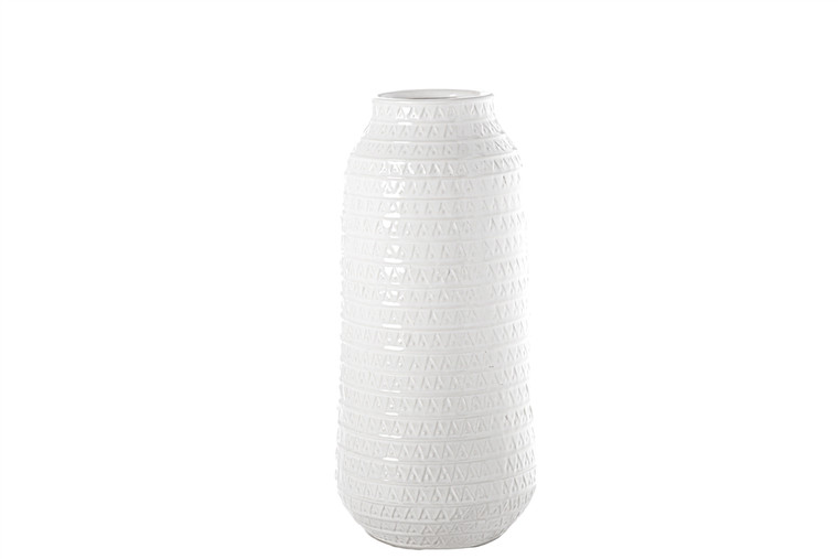 Urban Trends Ceramic Round Vase With Layered Tribal Pattern Design Body Lg Gloss Finish White (Pack Of 4) 20618