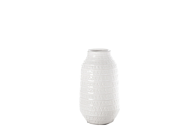 Urban Trends Ceramic Round Vase With Layered Tribal Pattern Design Body Sm Gloss Finish White (Pack Of 4) 20622