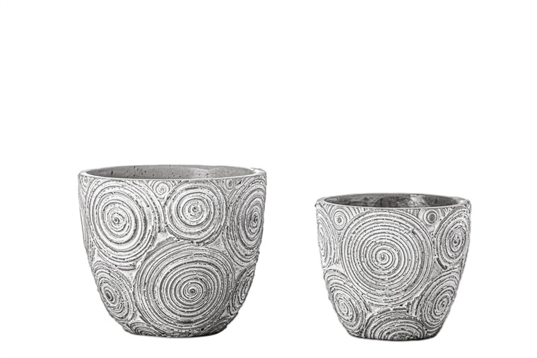 Urban Trends Cement Round Pot With Embossed Spiral Illusion Abstract Design Body Set Of Two Washed Concrete Finish Gray 24503