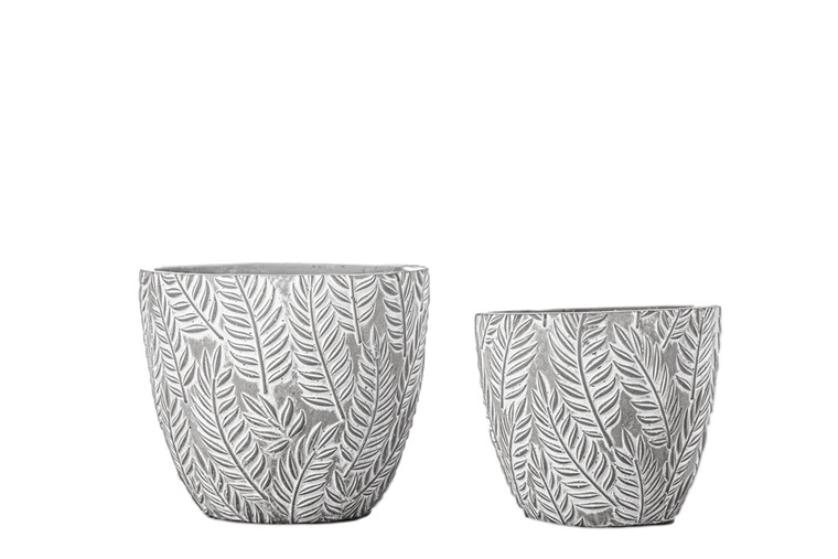 Urban Trends Cement Round Pot With Embossed Palm Leave Abstract Design Body Set Of Two Washed Concrete Finish Gray 24507