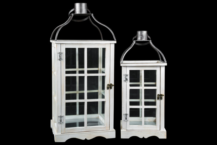Urban Trends Wood Square Lantern With Metal Top Ring Hanger And Window Pane Glass Sides Design Body Set Of Two Painted Finish White 26138
