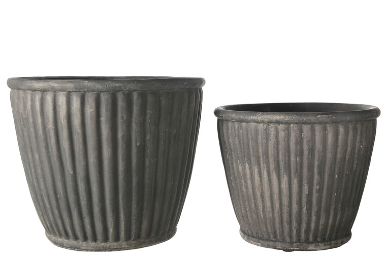 Urban Trends Cement Round Pot With Molded Vertical Line Pattern Design Body Set Of Two Distressed Finish Gray 35781
