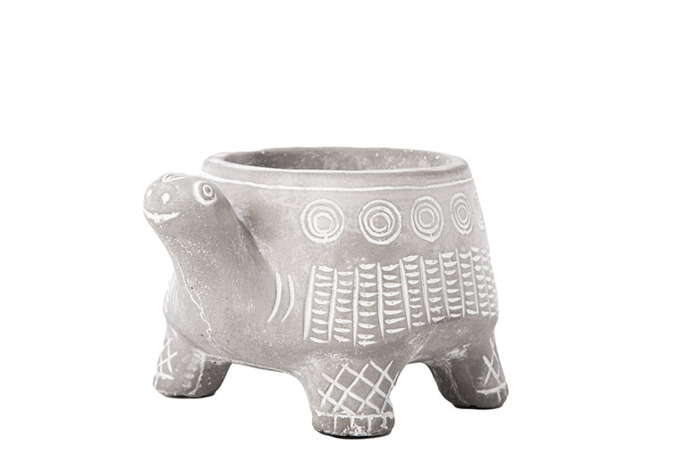 Urban Trends Terracotta Stand Turtle Pot With Engrave Tribal Pattern Design Body Sm Washed Concrete Finish Gray (Pack Of 8) 41551