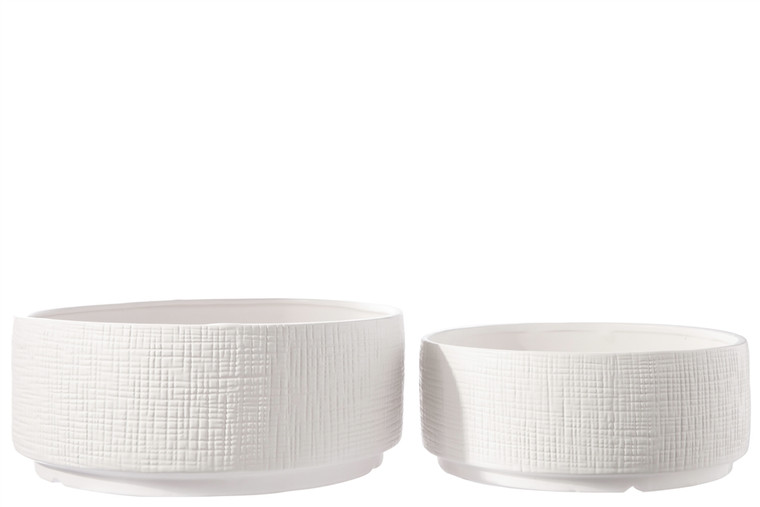 Urban Trends Ceramic Round Bowl With Line Abstract Pattern Design Body On Base Set Of Two Matte Finish White 43179
