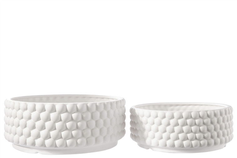Urban Trends Ceramic Round Bowl With Embossed Bubble Pattern Design Body On Base Set Of Two Matte Finish White 43180