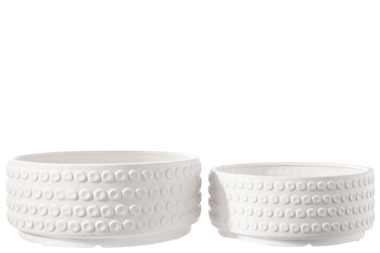 Urban Trends Ceramic Round Bowl With Pressed Bubble Pattern Design Body On Base Set Of Two Matte Finish White 43183