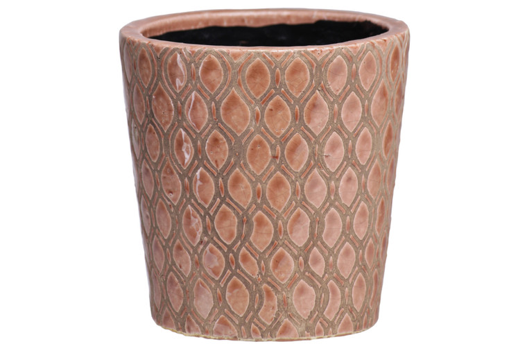 Urban Trends Terracotta Round Pot With Black Inside Surface, Leaf Shape Pattern Design Body And Tapered Bottom Gloss Finish Apricot (Pack Of 6) 44005
