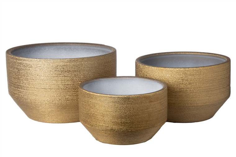 Urban Trends Ceramic Round Pot With Brushed Design Body And Tapered Bottom Set Of Three Gloss Finish Gold 45735
