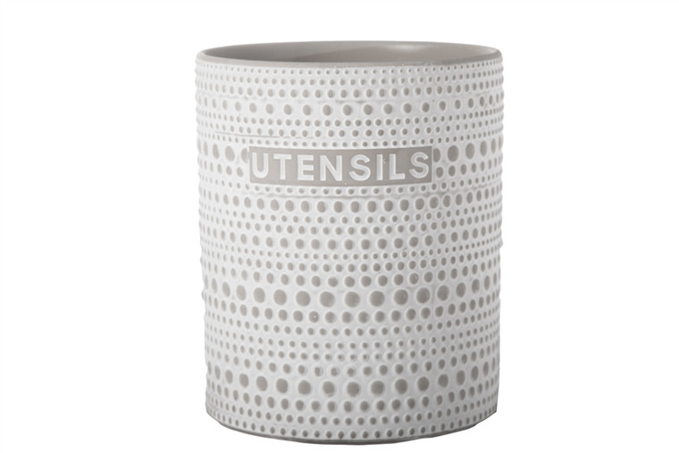 Urban Trends Terracotta Round Utensil Jar With Embossed Writing And Dotted Pattern Design Body Painted Finish Gray (Pack Of 4) 51918