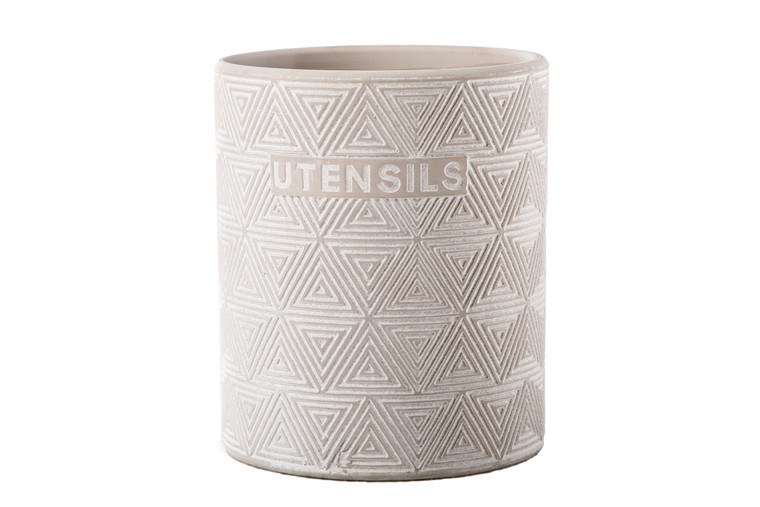 Urban Trends Ceramic Round Utensil Jar With Embossed Writing And Geometric Triangle Pattern Design Body Matte Finish Gray (Pack Of 4) 51938