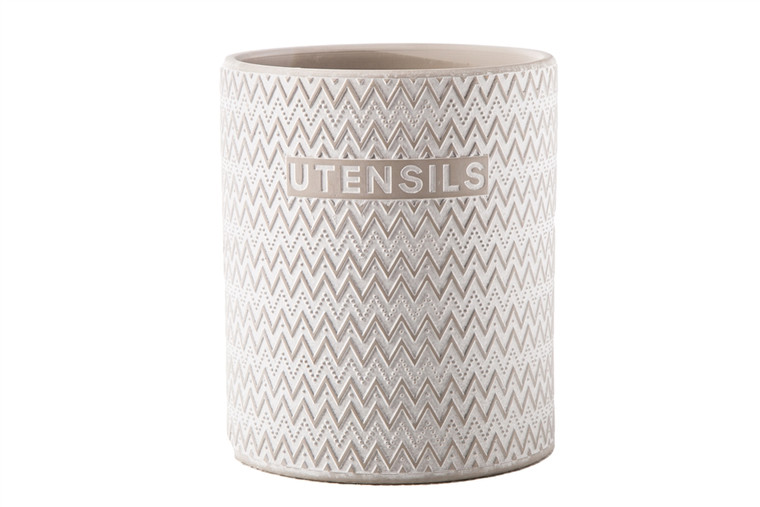 Urban Trends Ceramic Round Utensil Jar With Embossed Writing And Chevron Pattern Design Body Matte Finish Gray (Pack Of 4) 51943