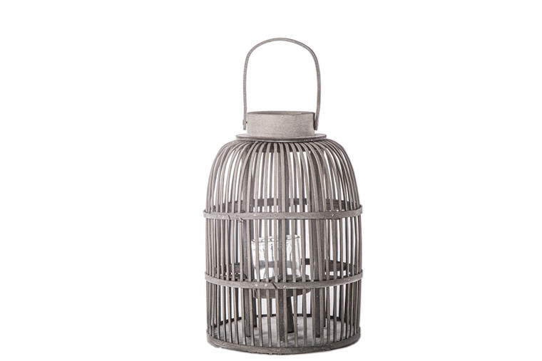 Urban Trends Bamboo Round Lantern With Top Handle, Vertical Lattice Design Body And Glass Candle Holder Md Washed Finish Gray (Pack Of 4) 55090