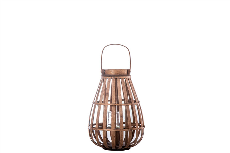 Urban Trends Bamboo Round Bellied Lantern With Top Handle, Glass Candle Holder And Vertical Lattice Design Body Sm Varnished Finish Brown (Pack Of 4) 55094