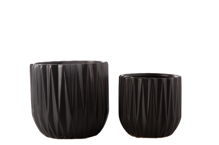 Urban Trends Ceramic Round Pot With Embossed Spike Design Body And Tapered Bottom Set Of Two Matte Finish Black 55408