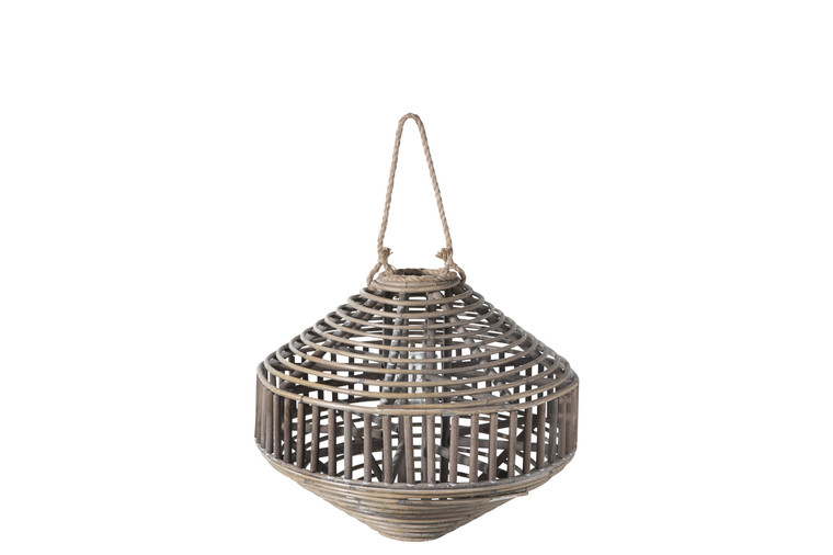 Urban Trends Rattan Round Lantern With Rope Hanger, Spiral Wooven Design Top And Bottom And Candle Glass Holder Md Natural Finish Brown 57628