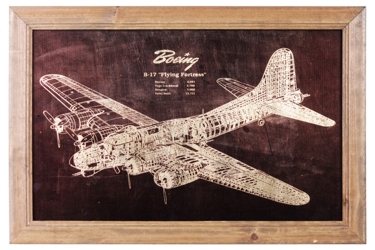 Urban Trends Wood Rectangle Wall Art Of "1935 Boeing B17 Flying Fortress Patent Print" With Glass Frame And 2 Small Metal Back Sawtooth Hangers Natural Finish Brown (Pack Of 4) 57804