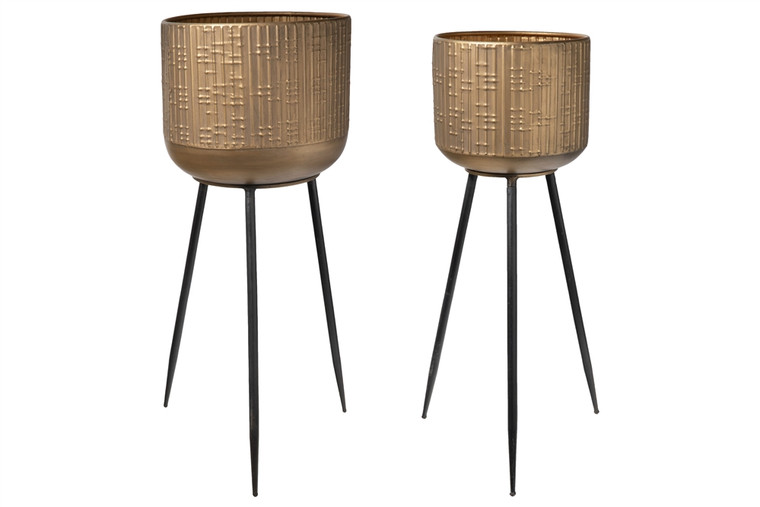 Urban Trends Metal Round Planter With Corrugated Design Body And Tapered Bottom On Tripod Stand Set Of Two Tarnished Finish Gold 94268