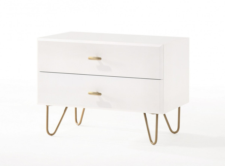 Homeroots Contemporary White And Gold Nightstand With Two Drawers 473021