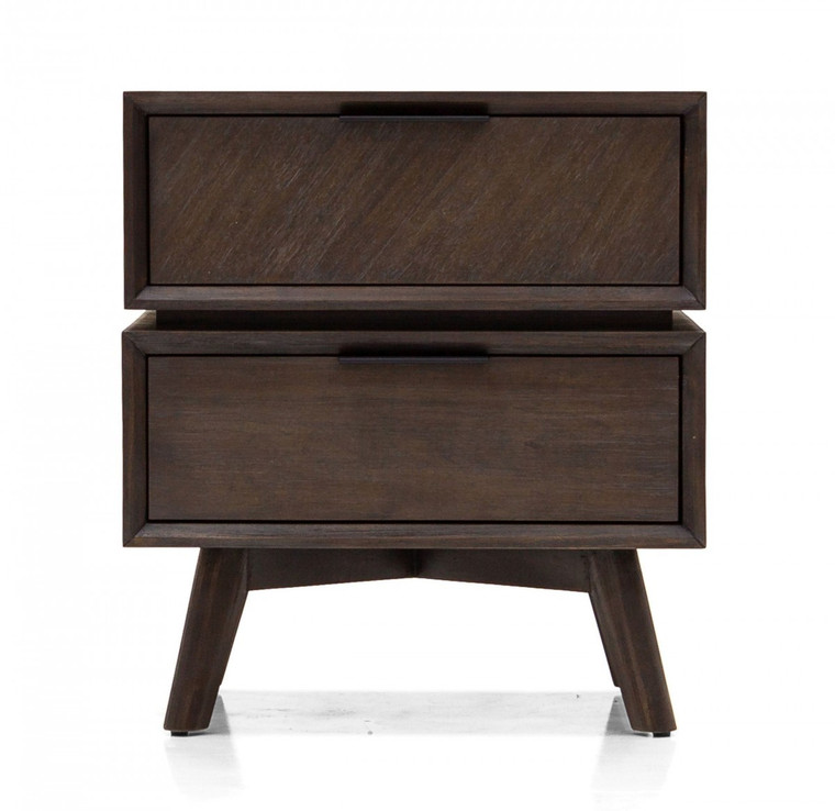 Homeroots Mid Century Acacia Nightstand With Two Drawers And Black Metal Handles 473027