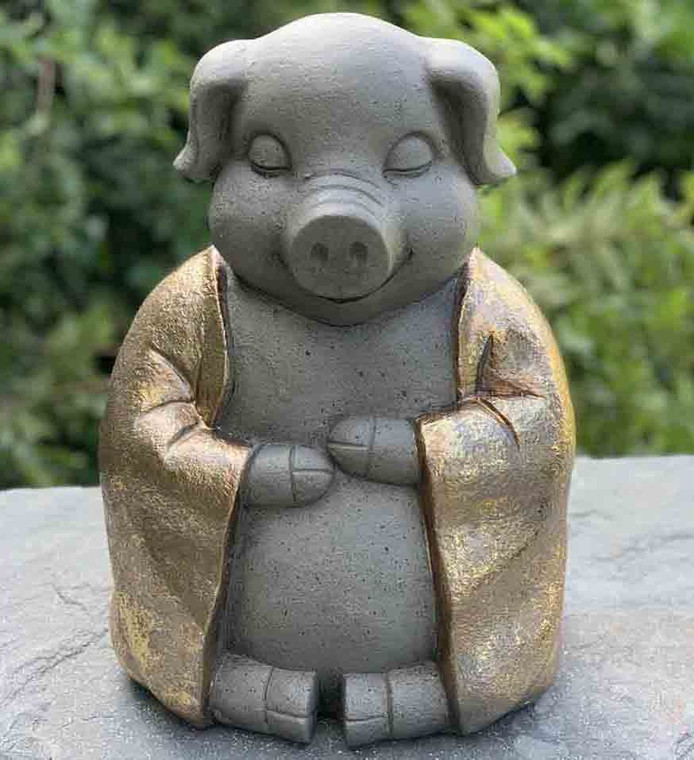 Homeroots 14" Golden Praying Pig Indoor Outdoor Statue 473208