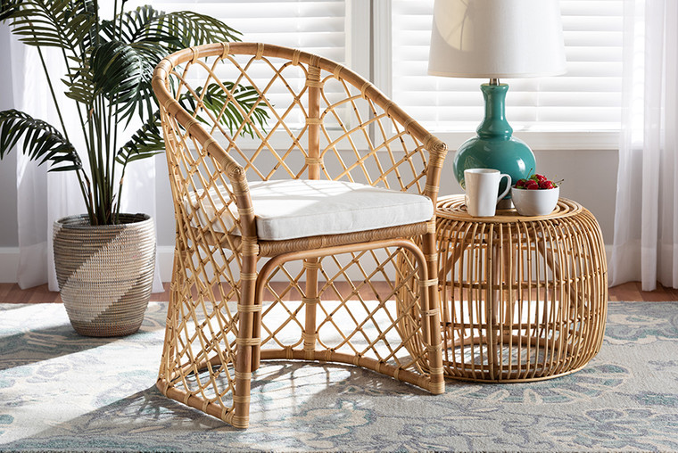 Baxton Studio Orchard Modern Bohemian White Fabric Upholstered And Natural Brown Rattan Dining Chair Orchard-Rattan-DC