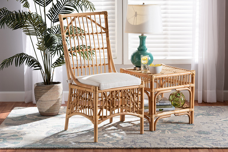Baxton Studio Rose Modern Bohemian White Fabric Upholstered And Natural Brown Rattan Dining Chair Rose-Rattan-DC No Arm
