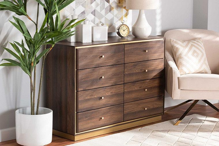 Baxton Studio Cormac Modern And Contemporary Walnut Brown Finished Wood And Gold Metal 8-Drawer Dresser LV28COD28232-Walnut-8DW-Dresser